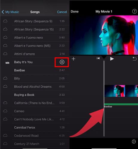tap the plus icon | Add Spotify Music to iMovie