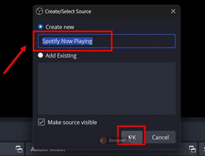 press OK | Add Spotify to OBS
