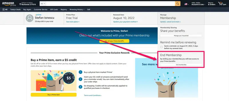 choose End Membership | amazon prime video subscription