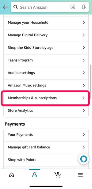 Scroll down to Memberships | amazon prime video subscription