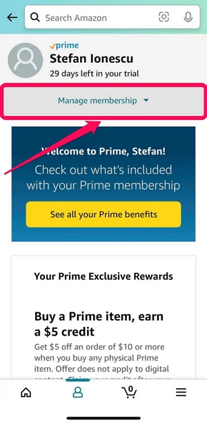 choose Manage Membership | amazon prime video subscription
