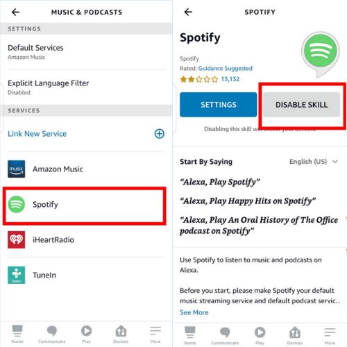 hit Disable Skill | Play Spotify on Amazon Echo