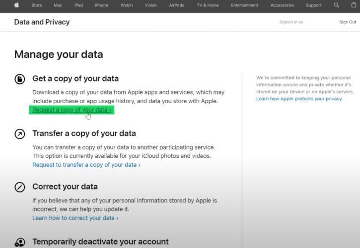 choose Request a copy of your data | Recently Played on Apple Music