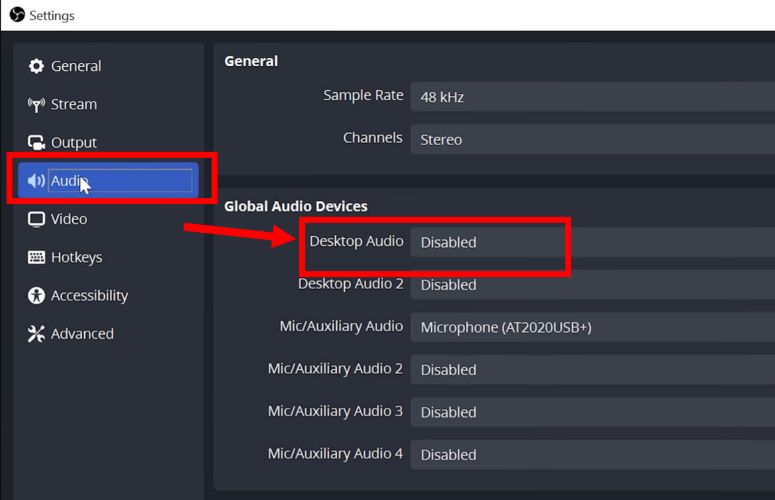 enabled desktop audio | Add Spotify to OBS