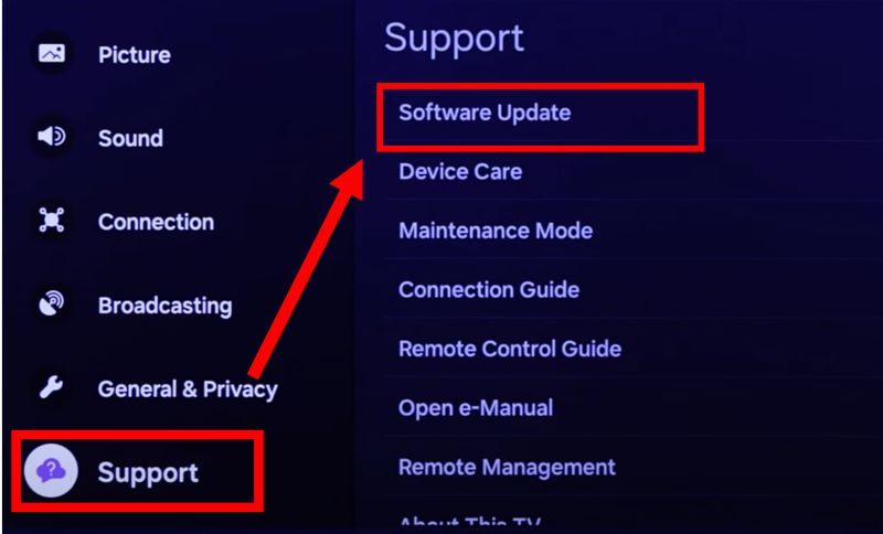 go to Software Update | Play Spotify on Samsung Smart TV
