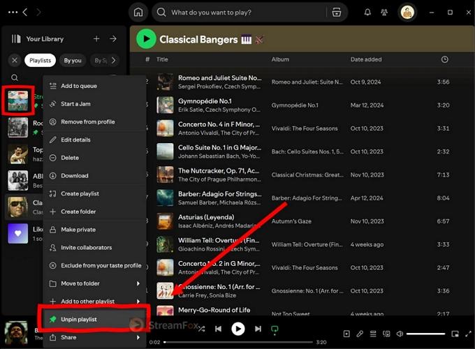 choose Unpin Playlist | Pin a Playlist on Spotify