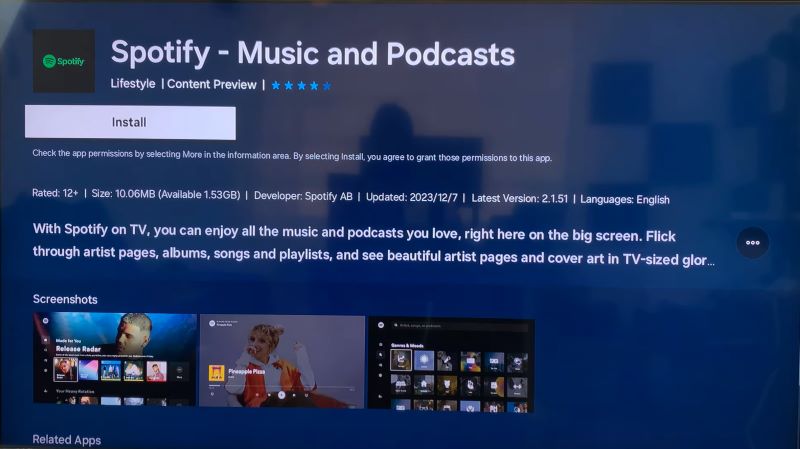 choose Install | Play Spotify on Samsung Smart TV