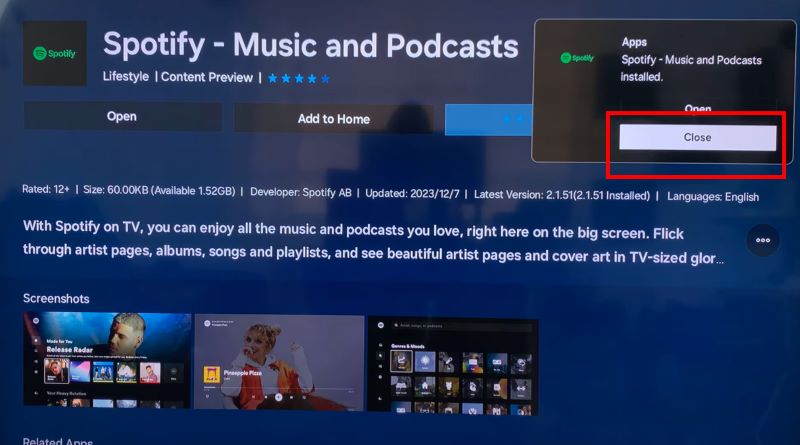 choose Close | Play Spotify on Samsung Smart TV