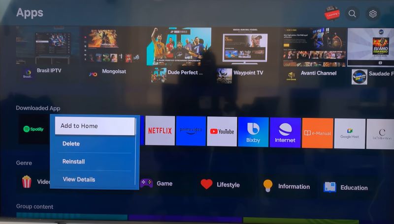 Apps section | Play Spotify on Samsung Smart TV