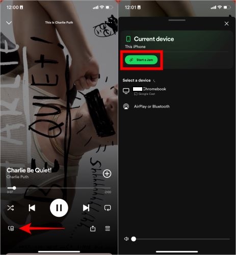 click Start a Jam | Play Spotify on Two Devices Simultaneously