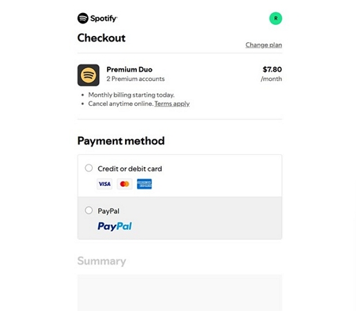 set up payment method | Spotify Premium Duo