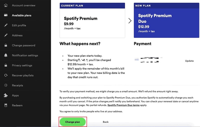 click Change Plan | Spotify Premium Duo