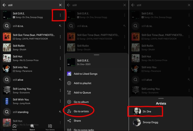 select Go to Artist | Spotify Songs Greyed Out and Unavailable
