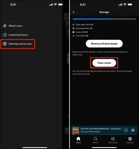 tap Clear cache | top Spotify from Automatically Playing