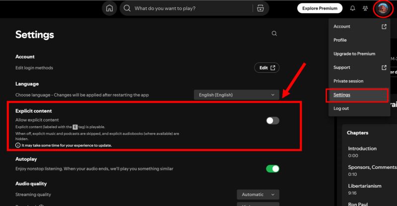 choose Settings | Turn Off Explicit on Spotify